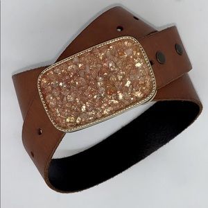 Genuine Leather Belt / Amber Colored Stone Buckle